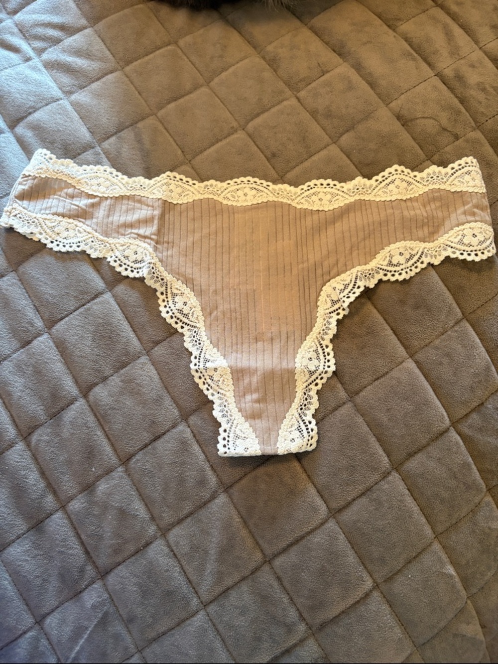 aerie Ribbed Lace-Trim Thong Panty in Cream